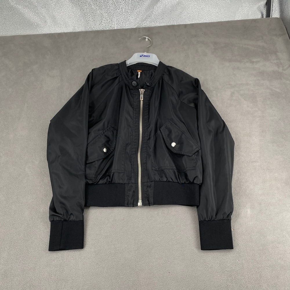 Free People Womens Black Bomber Jacket Full Zip Utility Pockets Size XS